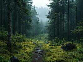 A serene forest path enveloped in mist and lush greenery. photo