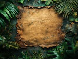 A textured parchment surrounded by lush green tropical leaves, ideal for a nature-themed design. photo