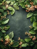 A decorative arrangement of leaves and flowers on a dark background, ideal for invitations. photo