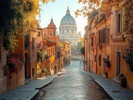 A picturesque cobblestone street in Rome, framed by colorful buildings and a distant dome. photo