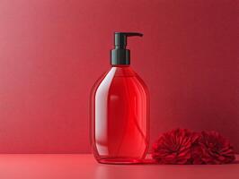 A red bottle of liquid soap beside vibrant red flowers against a matching background. photo