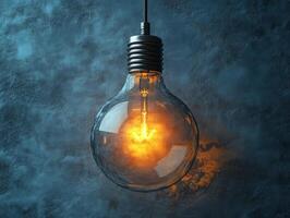 A glowing light bulb hangs against a textured background, illuminating the space around it. photo