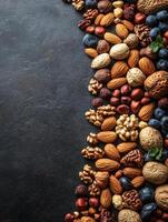 A variety of nuts and berries arranged artfully on a dark surface. photo