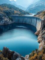 A serene dam surrounded by mountains and calm blue water, showcasing nature and engineering. photo