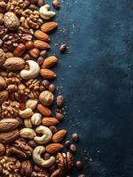 A variety of nuts and seeds arranged on a dark background for culinary use. photo