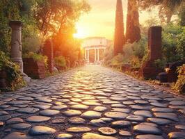 A sunlit cobblestone path leads to ancient ruins surrounded by lush greenery. photo
