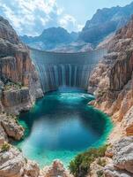 A stunning view of a dam cascading water into a turquoise lake surrounded by mountains. photo
