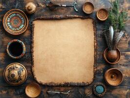 A rustic arrangement of decorative bowls and a blank parchment for creative use. photo
