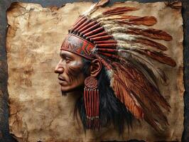 A profile of a Native American man wearing a feathered headdress on textured background. photo