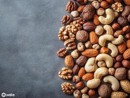 A variety of mixed nuts arranged on a textured surface, showcasing their natural colors and shapes. photo