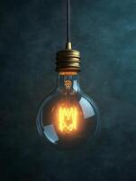 A glowing light bulb hangs against a textured dark background, illuminating the space. photo