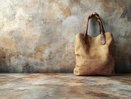 A rustic burlap bag with leather handles set against a textured background. photo