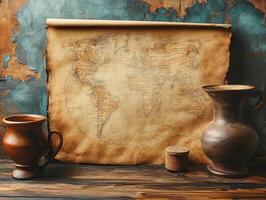 An antique world map on aged parchment with rustic pottery. photo
