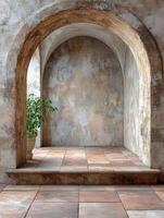 A serene architectural space featuring textured walls, arches, and a potted plant. photo