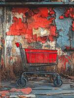 A weathered shopping cart stands against a peeling red and gray wall, evoking urban decay. photo