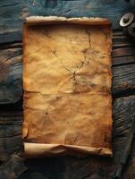 An aged, crumpled parchment on a wooden surface, suggesting an ancient map or document. photo