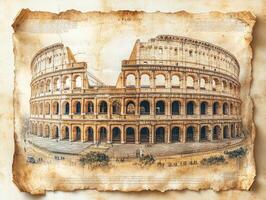 An artistic depiction of the Colosseum on aged parchment, showcasing its architectural grandeur. photo