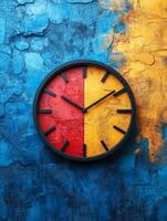 A colorful wall clock against a textured blue, red, and yellow background. photo