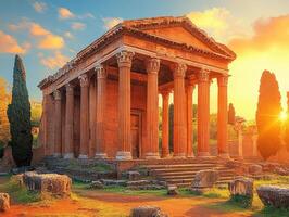 Ancient temple ruins at sunset, showcasing classical architecture and historical significance. photo