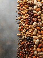 A variety of nuts and seeds arranged on a textured surface for culinary presentation. photo