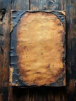 A weathered, antique book with a worn leather cover resting on a wooden surface. photo