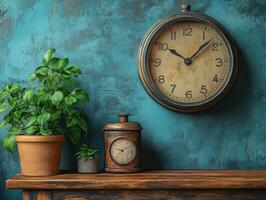 A rustic clock and potted plants on a wooden shelf against a textured teal wall. photo
