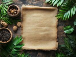 A rustic arrangement featuring natural elements and a blank canvas for creative use. photo