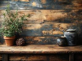 A rustic wooden shelf featuring a potted plant, a pinecone, and an antique teapot. photo