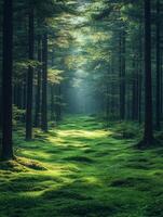 A serene forest path illuminated by soft light, showcasing lush greenery and tranquility. photo