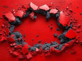 A cracked surface revealing a textured, colorful background. photo