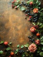 A floral arrangement featuring roses and berries on a textured background. photo