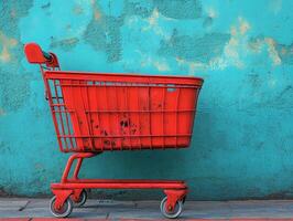 A red shopping cart against a textured turquoise wall. photo