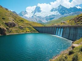 Scenic view of a dam with cascading water, surrounded by mountains and a clear blue sky. photo