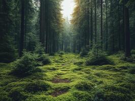 A serene forest path surrounded by lush greenery and tall trees, inviting exploration. photo