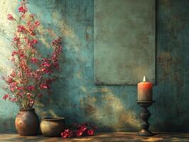 A serene still life featuring flowers, candles, and textured walls for a calming atmosphere. photo