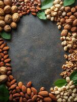 A variety of nuts and popcorn arranged artistically with leaves on a textured surface. photo