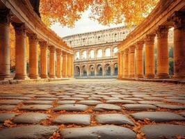 A scenic view featuring ancient columns and the Colosseum framed by autumn leaves. photo