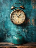 A vintage alarm clock hangs on a textured turquoise wall above a rustic teal container. photo