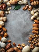A variety of nuts arranged in a decorative frame on a textured surface. photo