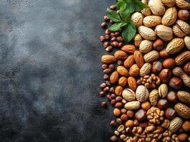 A variety of nuts and seeds arranged artistically with mint leaves on a dark background. photo
