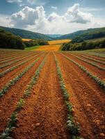 A scenic view of cultivated fields with rows of plants under a cloudy sky. photo