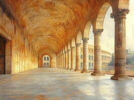 A serene corridor with arches and columns, showcasing classical architecture. photo