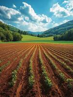 A scenic view of a cultivated field with rows of plants under a blue sky and mountains. photo