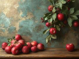 A still life arrangement featuring vibrant red apples on a wooden surface against a textured background. photo
