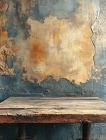 A rustic wooden table against a textured, weathered wall, evoking a vintage ambiance. photo