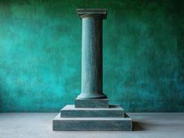 A solitary green column on a pedestal against a textured turquoise wall. photo