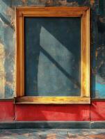 A vintage frame against a textured wall, highlighting an empty space for artwork or display. photo