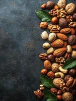 A variety of nuts and leaves arranged on a dark surface, showcasing natural textures and colors. photo