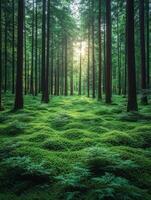 Lush green forest with sunlight filtering through tall trees, creating a serene atmosphere. photo