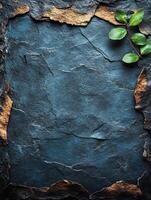A textured blue and gold background with a green leaf, ideal for design or nature themes. photo